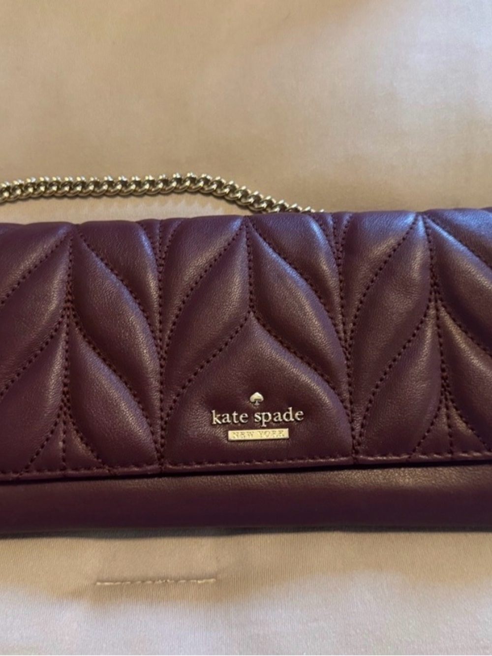 kate spade Quilted Plum Leather Chain Clutch with Gold Hardware
